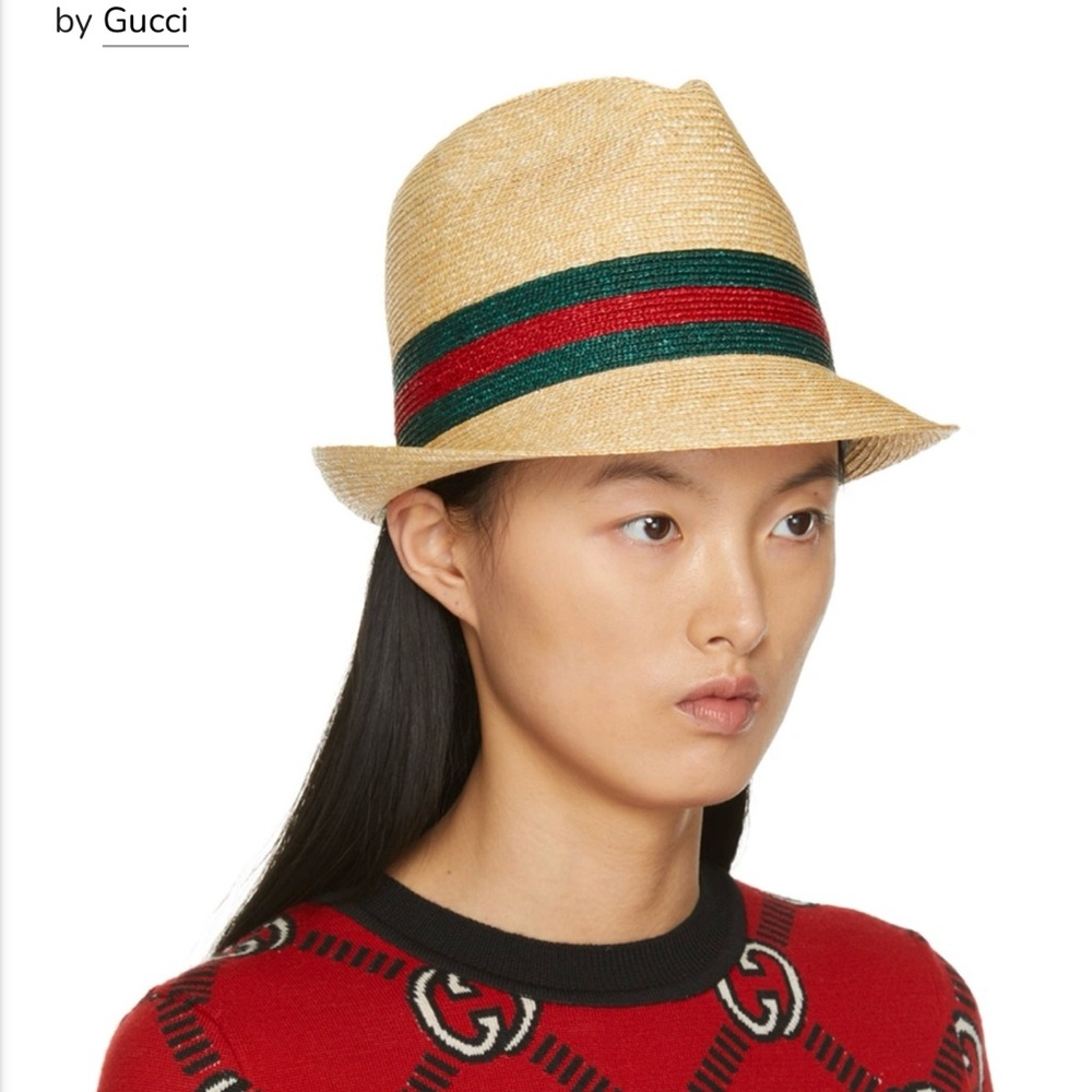 Gucci Abaca Tan Straw Hat with Green and Red Stripe